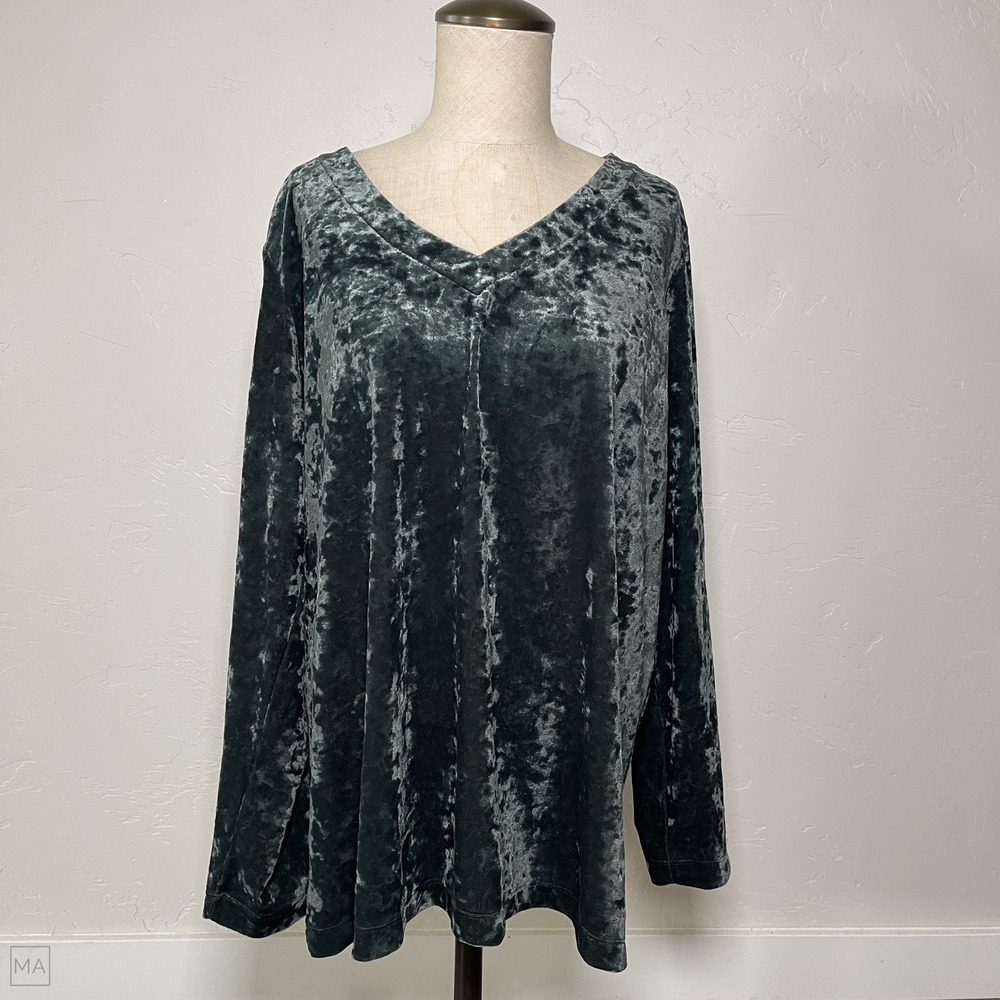 J. Jill Women's Velvet Top V Neck Relaxed Long Sleeve Holiday Size L Green